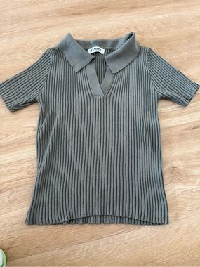 Ribbed Short Sleeve Polo Top - Olive Gray